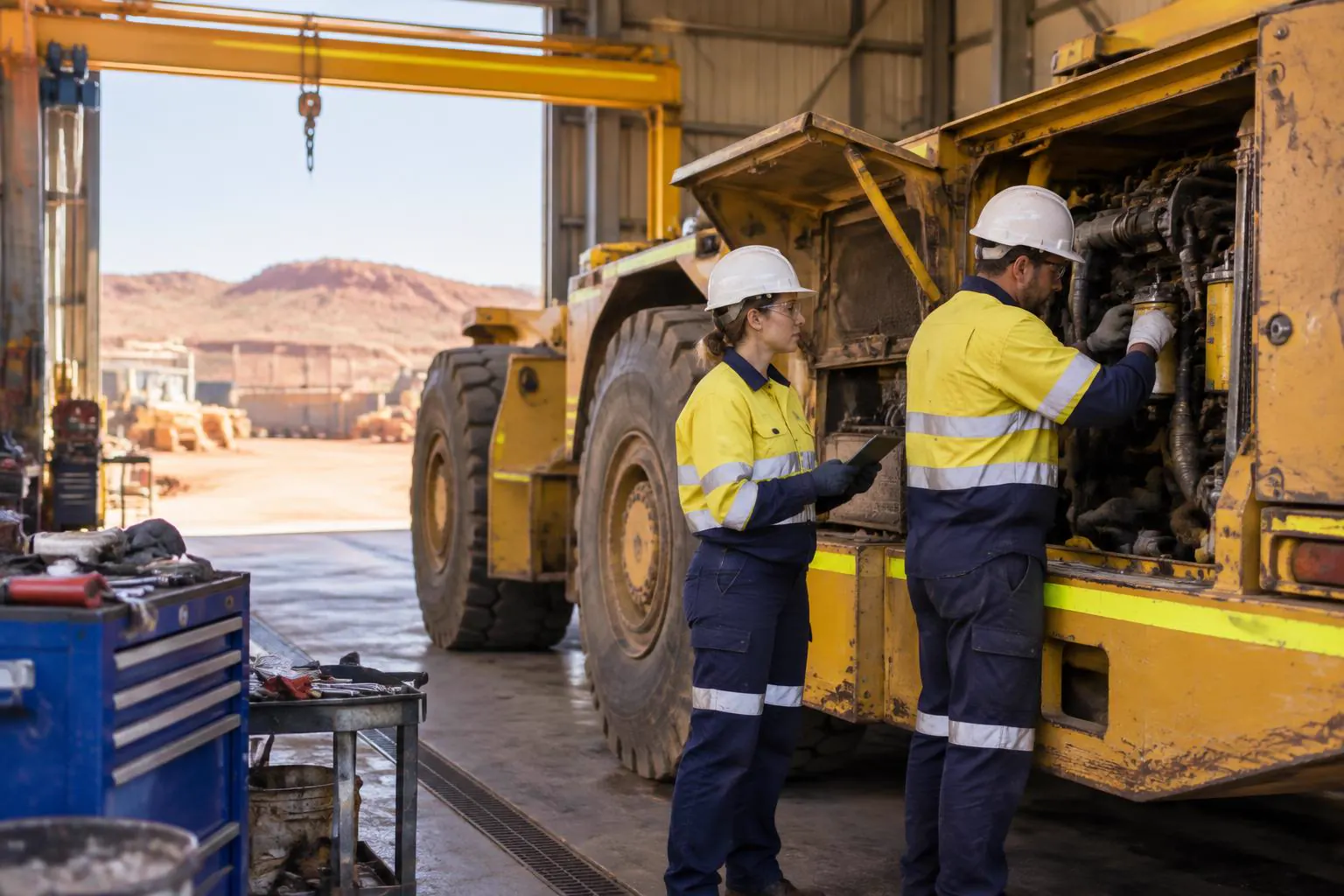 HES tradespeople inspecting underground mining equipment in a Broken Hill workshop